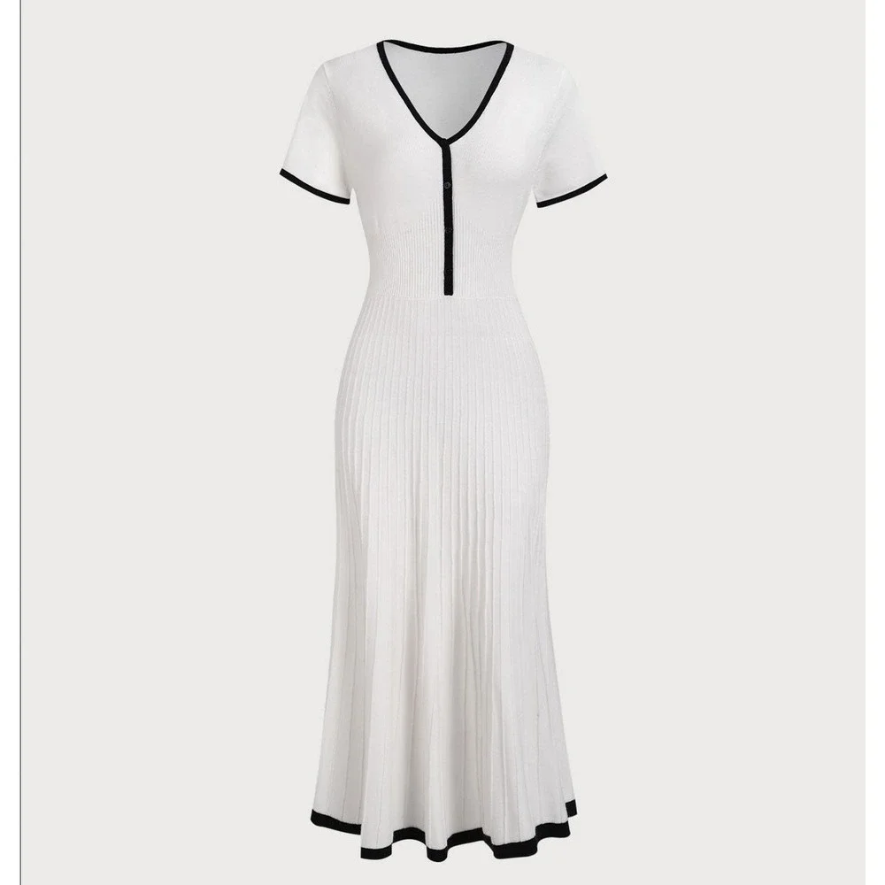Rihoas White Black Contrasting Sweater Midi Dress Tennis Preppy Babydoll Size M - Picture 1 of 16